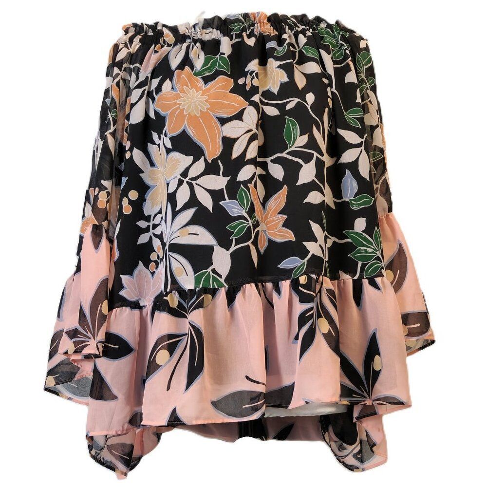LOFT Size Large Women's Blouse Floral Top Black Pink ¾ Sleeve